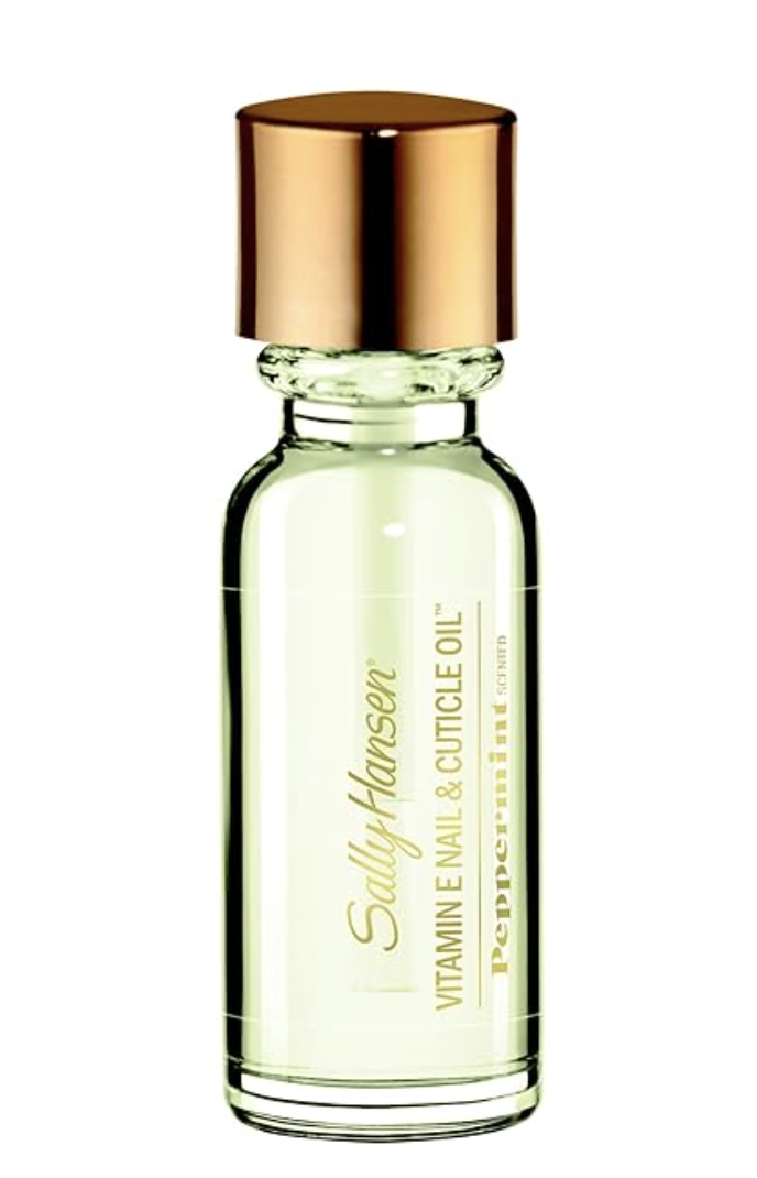 A bottle of Sally Hansen Vitamin E Nail and Cuticle Oil featuring a brush applicator and a natural essential oil complex for nail strengthening.