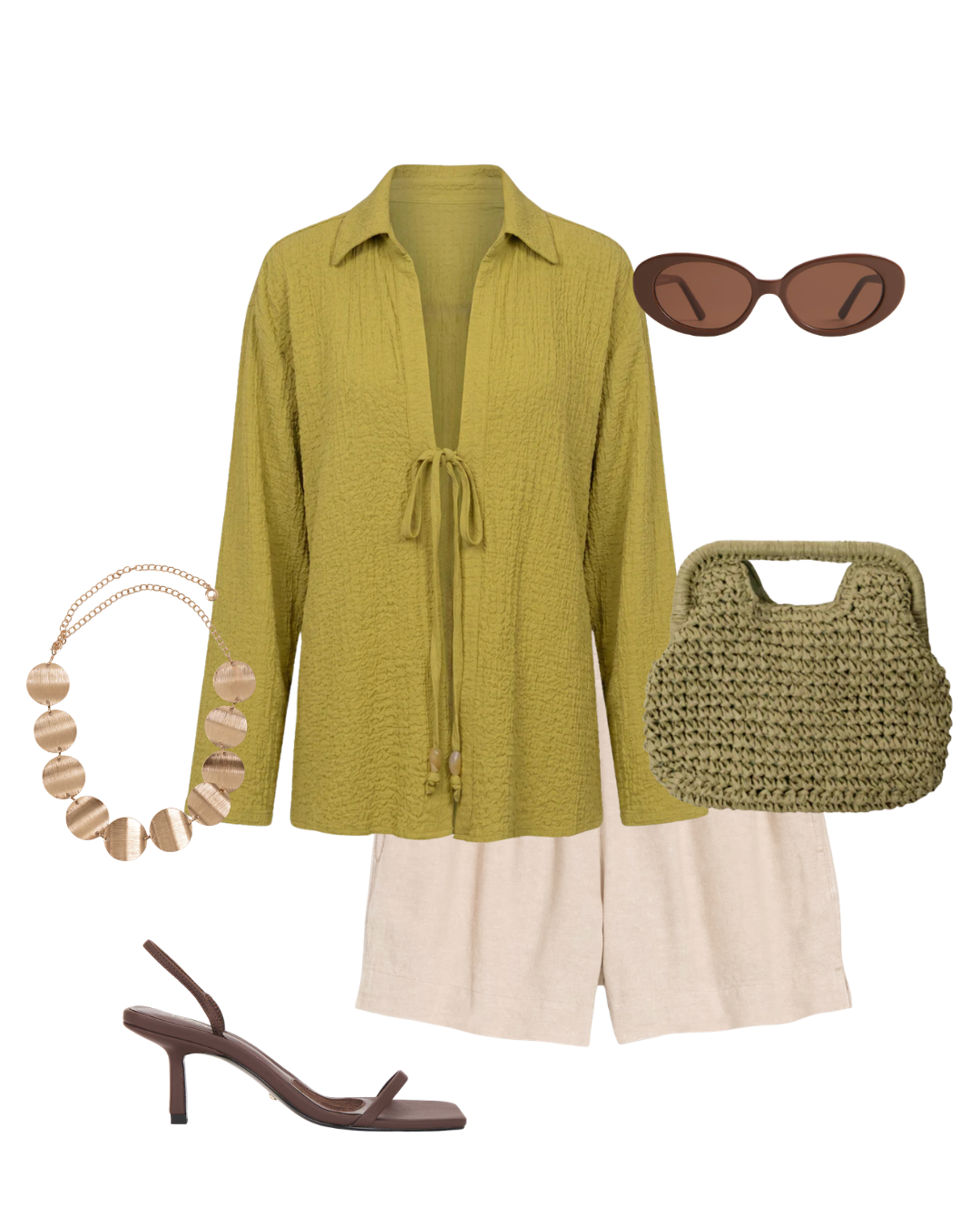 : Editorial fashion flat lay of a women’s port excursion outfit featuring an olive green crinkled tie-front shirt, beige linen shorts, a sage green crochet shoulder bag, brown sunglasses, and a chunky gold statement necklace.