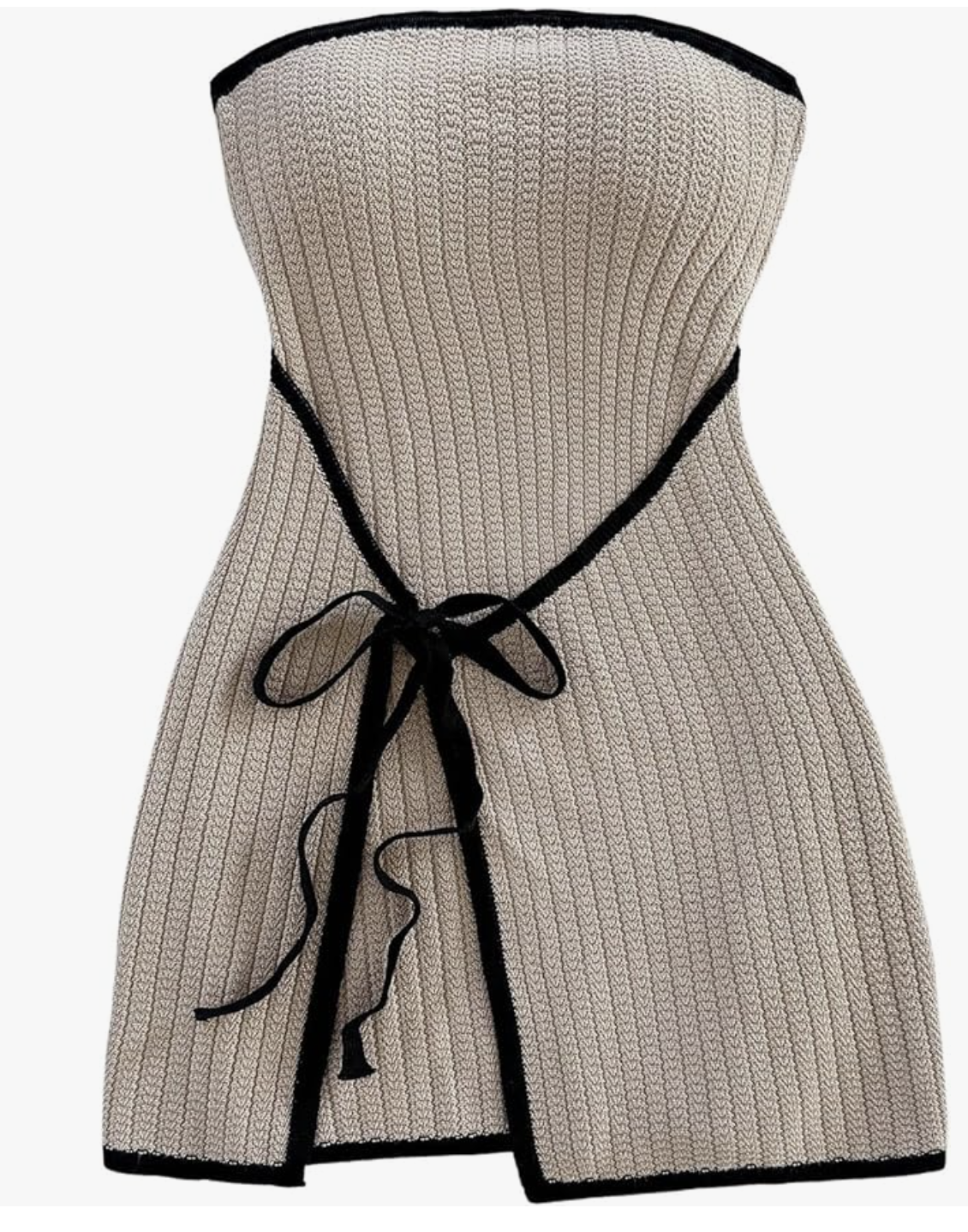 A close-up view of a sleeveless, ribbed knit mini wrap dress in a taupe beige color, featuring a contrasting black trim outline and a delicate waist-tie closure with an O-ring detail.