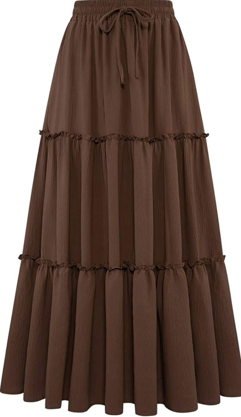 A long, brown tiered boho maxi skirt with a flowy silhouette, styled for a casual summer BBQ outfit.