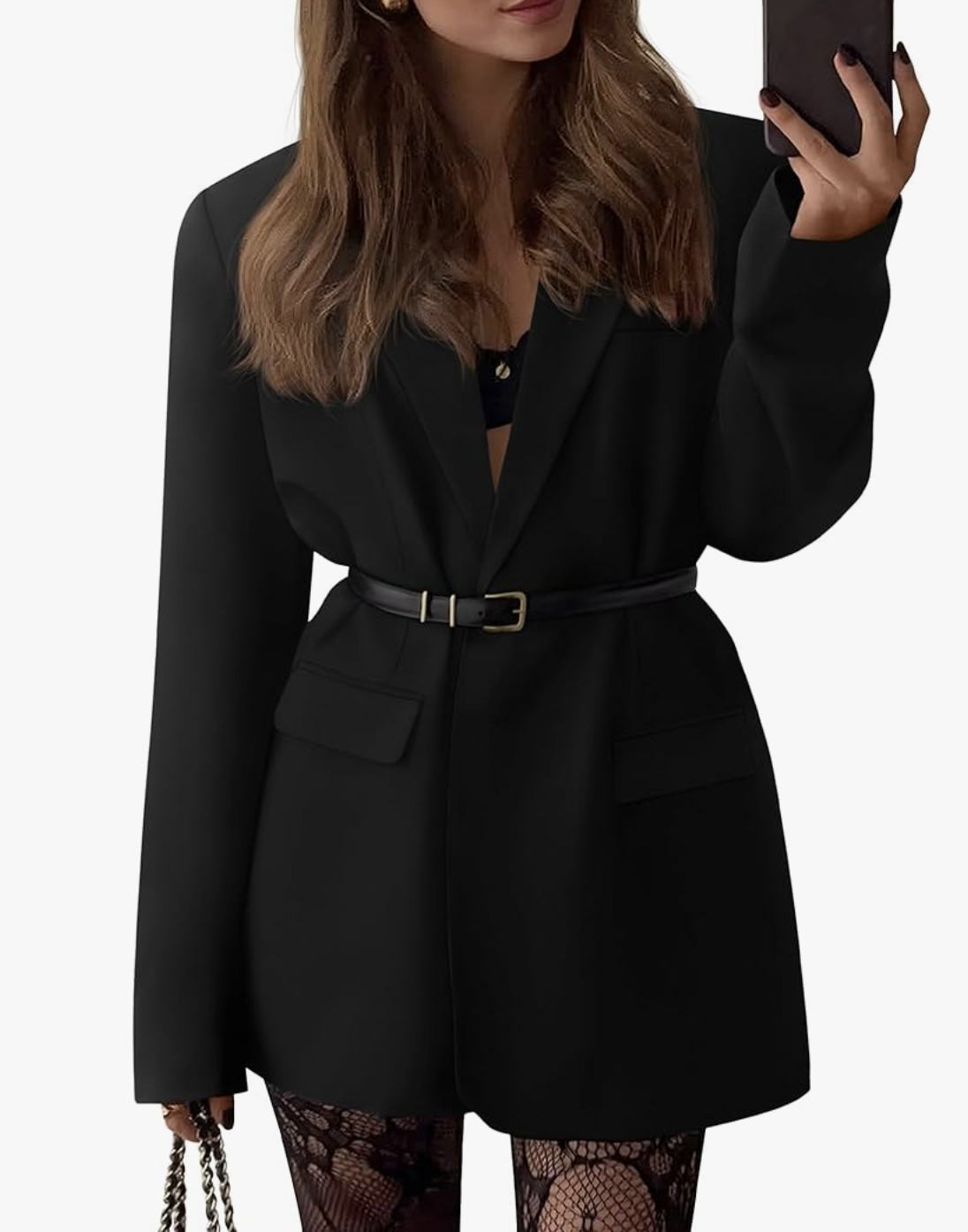 A black open front oversized blazer from Amazon, styled over a bodysuit with a belt to create a slimming frame and structured silhouette for a big belly.