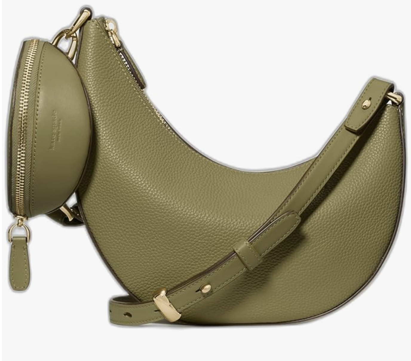 A kate spade new york Duo Crossbody Bag in Dried Thyme green pebbled leather, featuring a main crescent-shaped pouch and a smaller removable zip pouch with gold-tone hardware.