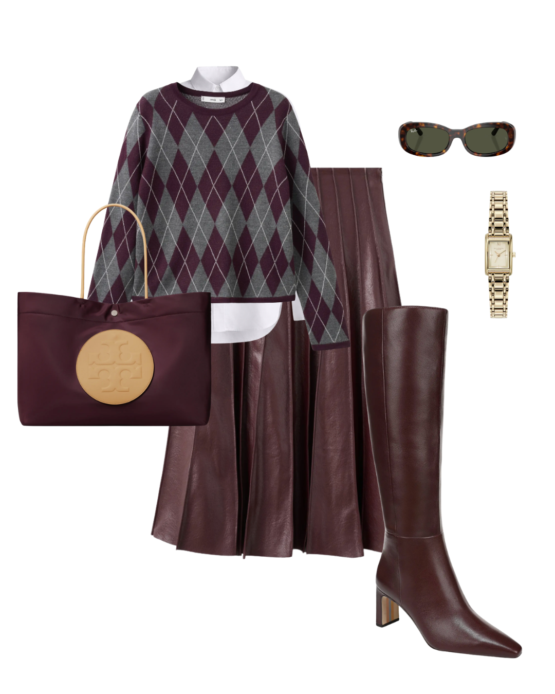 Flat lay layout featuring a burgundy leather midi skirt paired with a grey and burgundy argyle sweater, layered white collared shirt, burgundy boots, tote bag, sunglasses, and watch.