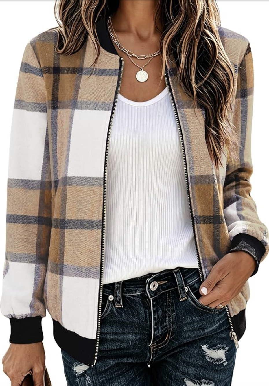Plaid Zeagoo bomber jacket for women styled as an affordable Amazon fall layer