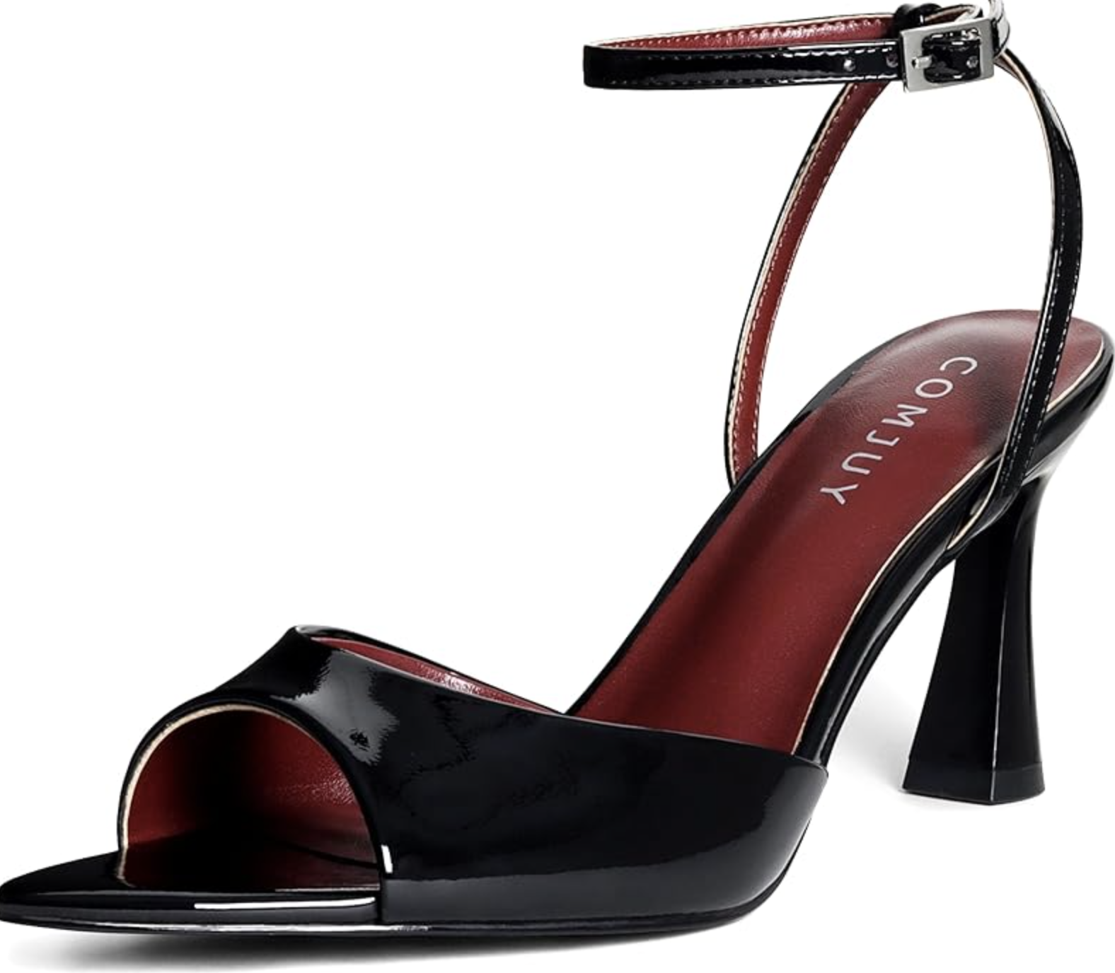 A pair of black peep pointed toe kitten heeled sandals with red lining from Amazon, styled to create a long vertical line and polish a bodysuit outfit.