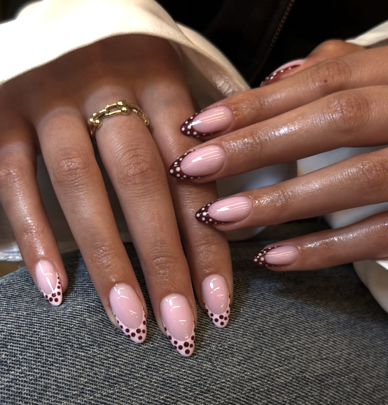 Fruit-punch pink French tips with tiny contrasting dots