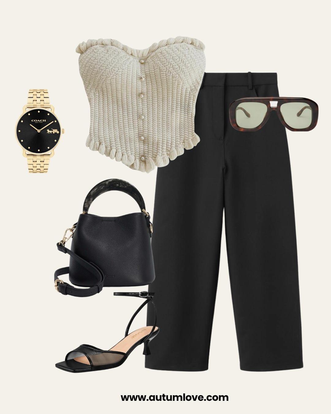 Graphic showing how to wear kitten heels with a neutral knit top, black trousers, and a designer handbag for a 2026 spring outfit.