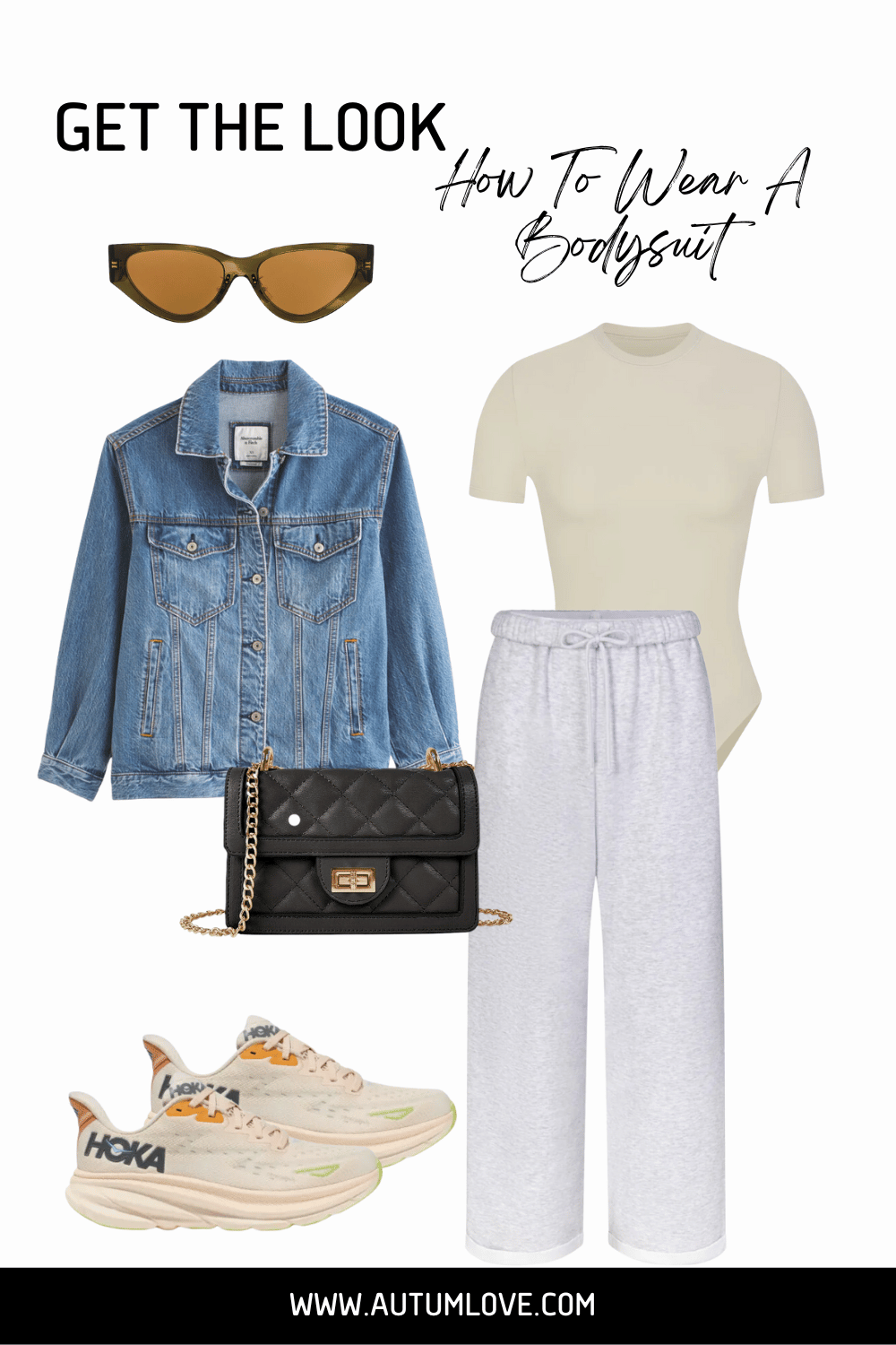 A casual outfit featuring a cream bodysuit paired with a denim jacket and grey high-waisted sweatpants to comfortably camouflage a big belly while staying stylish.
