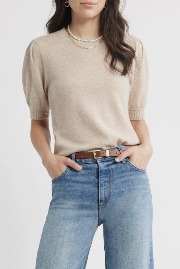 Caslon oatmeal puff-sleeve wool and cashmere sweater for fall