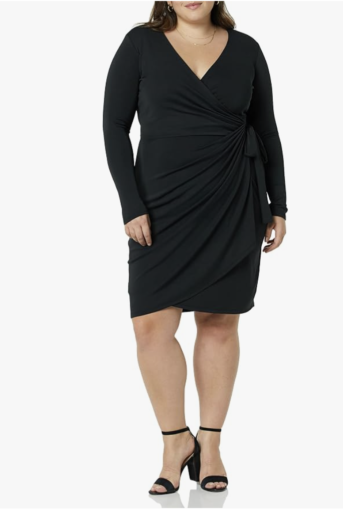 Amazon Essentials classic wrap dress for comfortable, polished fall outfits.