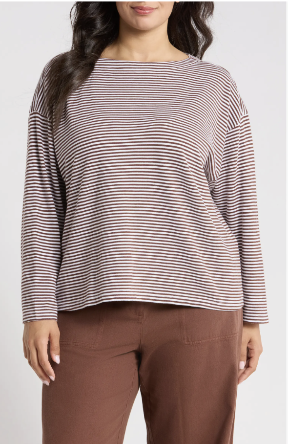 Eileen Fisher striped boxy organic cotton top in black and white.