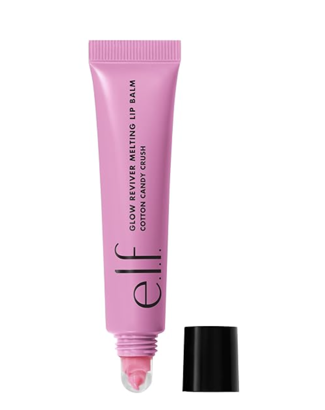 A squeeze tube of e.l.f. Glow Reviver Melting Lip Balm in the Cotton Candy Crush shade, highlighting its convenient slant-tip applicator.