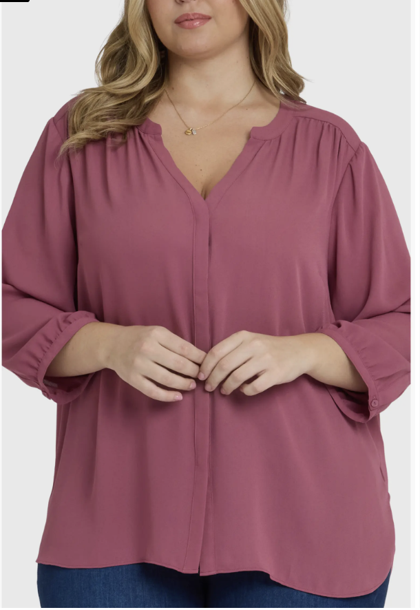 NYDJ pintuck blouse with a split neckline and billowy three-quarter sleeves.
