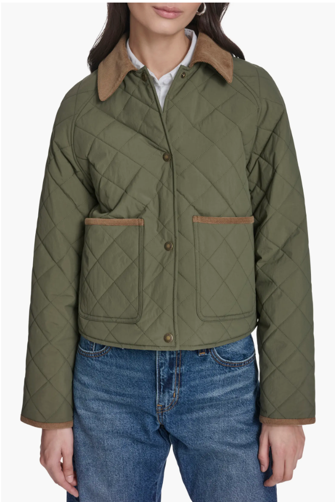 Olive green quilted liner jacket with a corduroy collar.