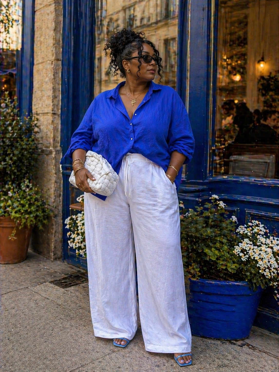 A woman wearing a vibrant cobalt blue button-down shirt tucked into high-waisted white wide-leg linen pants, holding a white woven clutch.