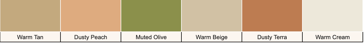 A color palette for the Soft Autumn season featuring muted, warm-neutral shades of warm tan, dusty peach, muted olive, warm beige, dusty terracotta, and warm cream.