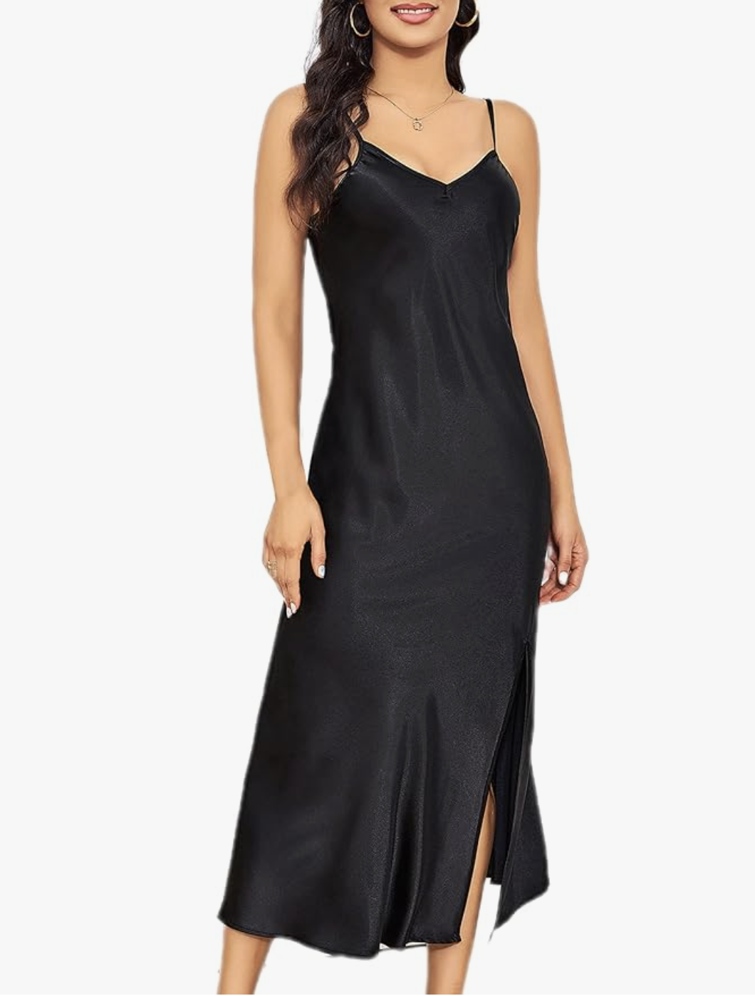 A woman wearing a black Satin Slip Dress with thin spaghetti straps and a side slit.