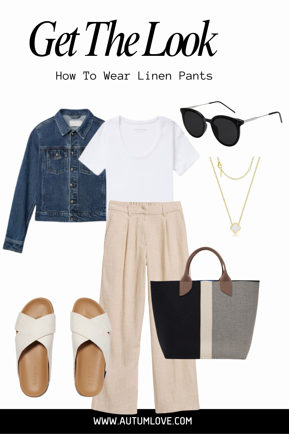 Summer outfit idea: Tan wide-leg linen pants paired with a classic denim jacket, a white scoop-neck tee, white slide sandals, and a black and straw tote bag.