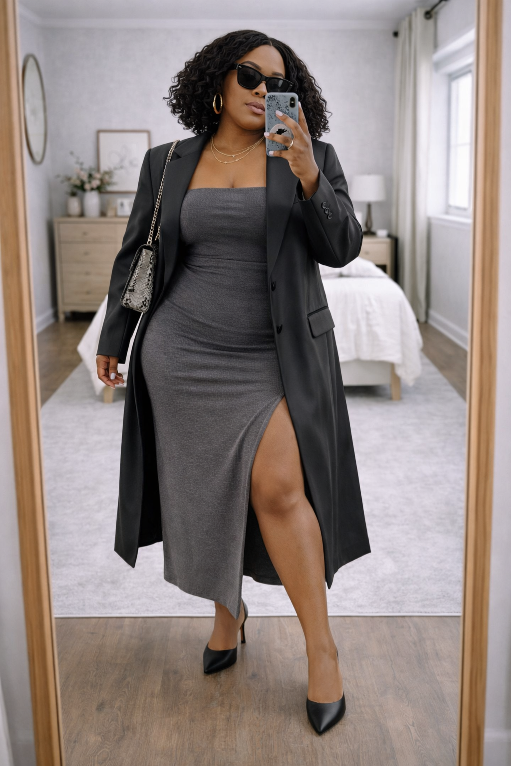 A woman taking a mirror selfie wearing a form-fitting grey maxi dress with a thigh-high slit, layered under a long black duster coat and paired with black pointed-toe heels.