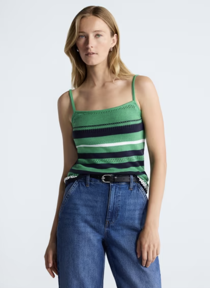 A striped knit tank top with a rich textured stitch for a preppy summer look.