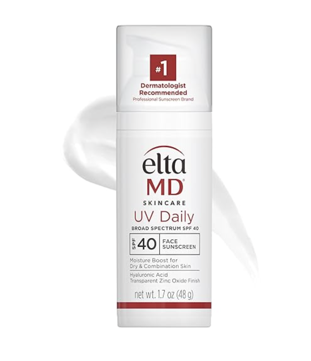 A white pump bottle of EltaMD UV Daily Broad-Spectrum SPF 40 Face Sunscreen, labeled as a moisture boost for dry and combination skin with hyaluronic acid.