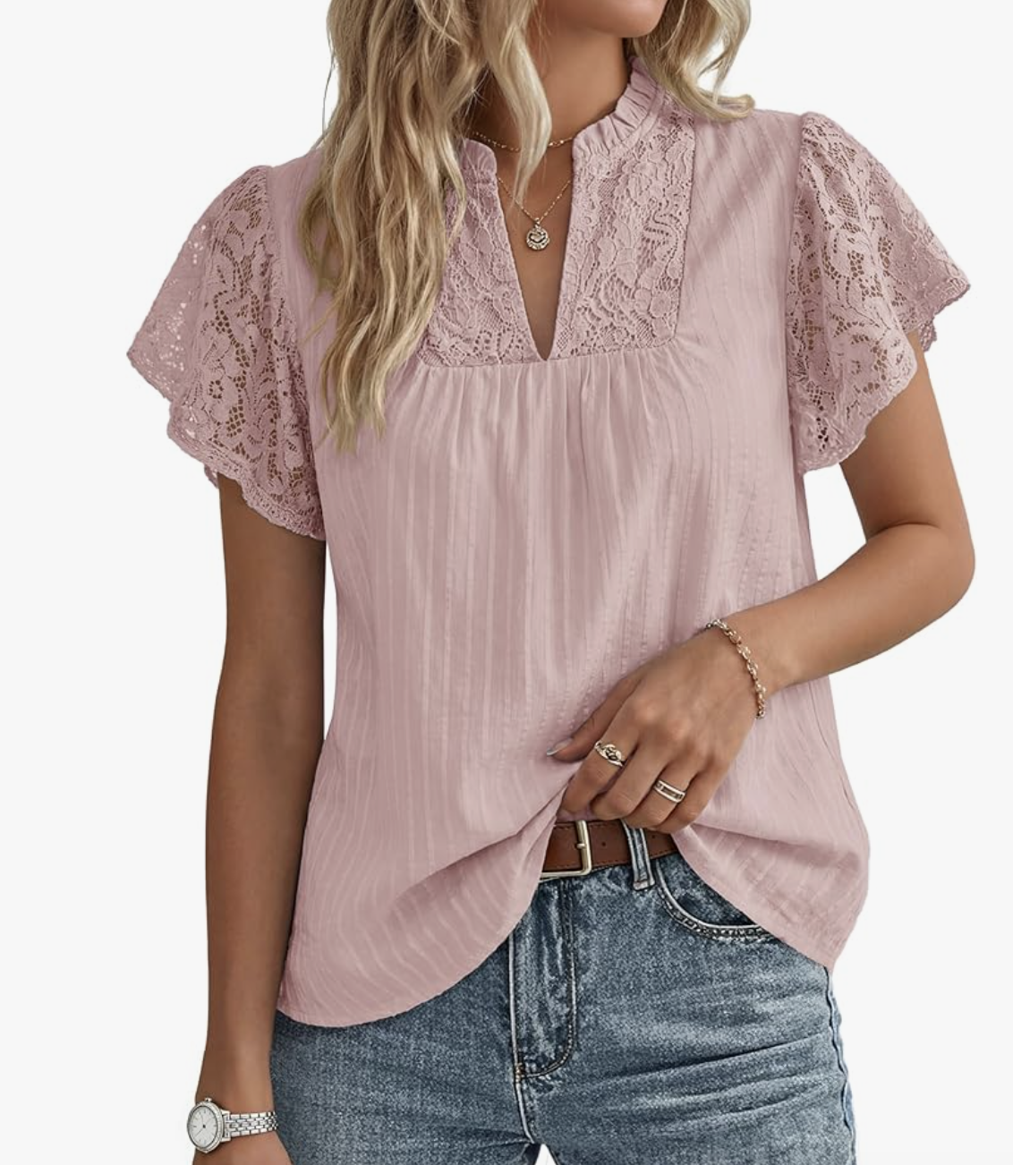 A woman wearing the GRACE KARIN lace short sleeve ruffle blouse in dusty pink, featuring a split V-neckline with crochet lace detailing and a relaxed babydoll silhouette.