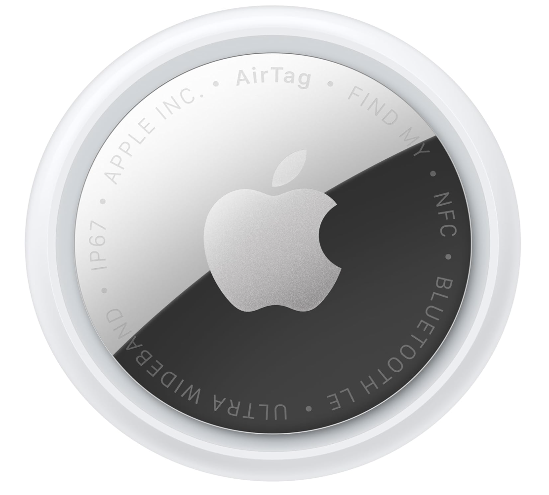 Apple AirTag second-generation Bluetooth tracking device displaying the silver steel back and white front with Apple logo details.