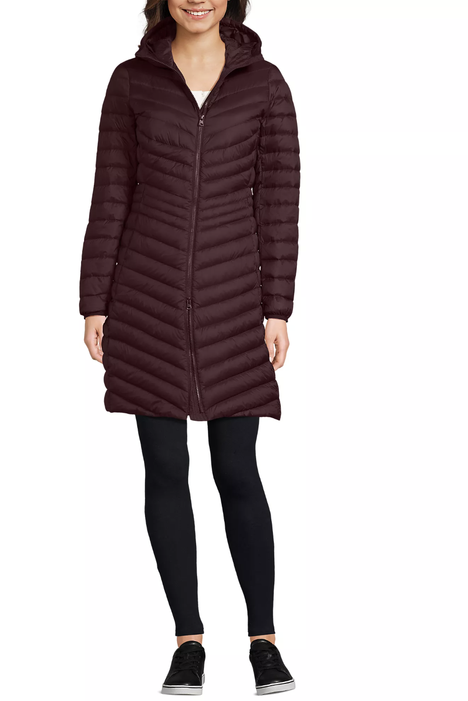 Lands' End ultralight packable long down coat styled for fall, featured in an Autum Love guide