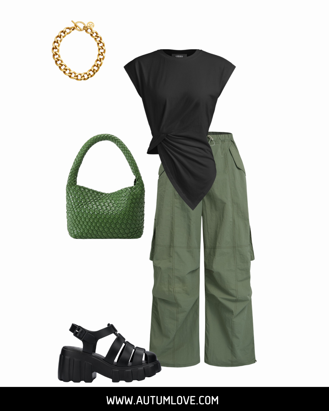 A flat-lay outfit featuring a black knot-front top, olive green wide-leg cargo pants, a green woven handbag, and black platform sandals, showing how to hide belly fat with draped fabrics.