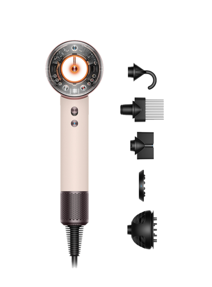 Dyson Supersonic Nural hair dryer with styling attachments for controlled heat and fast drying.