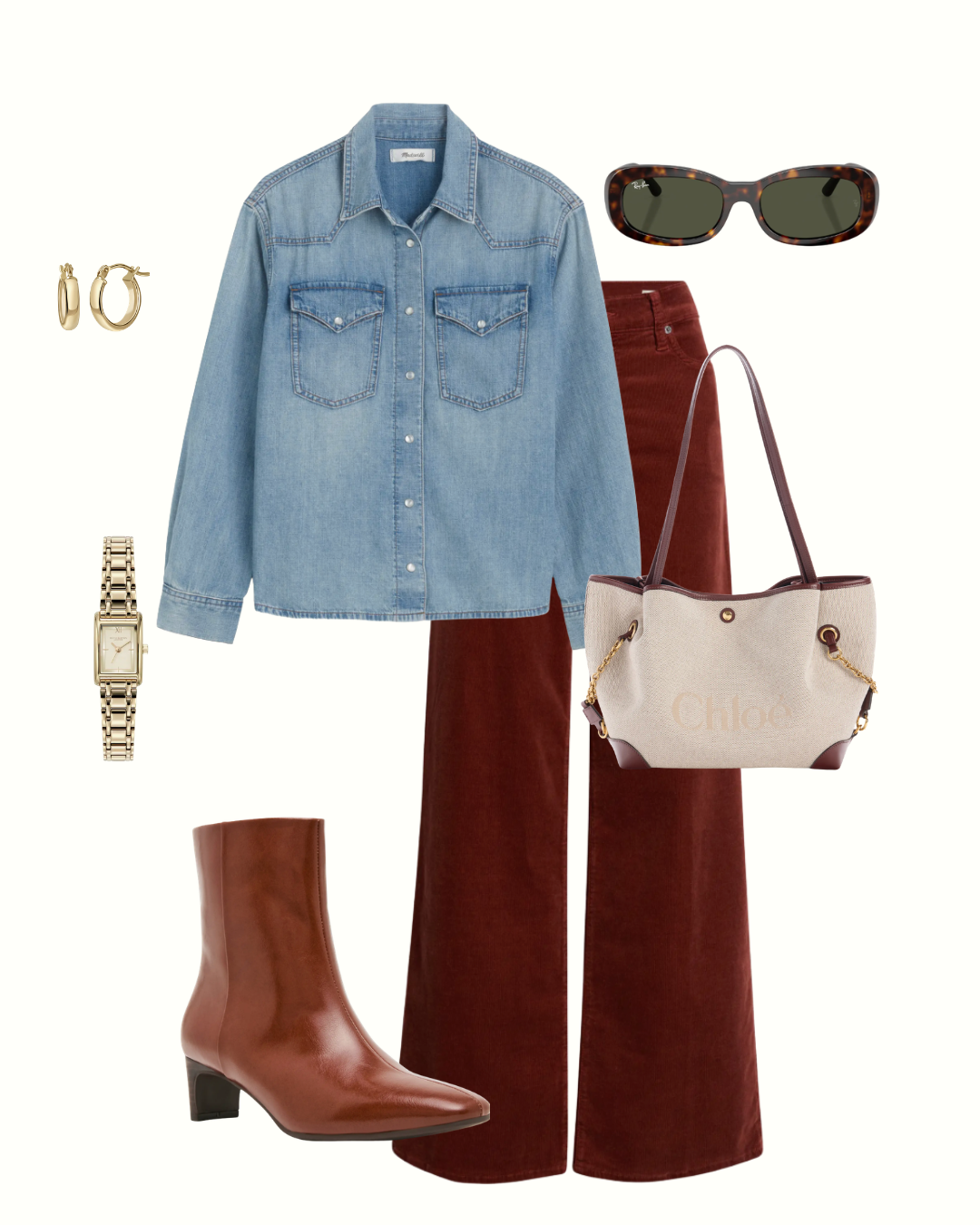 Flat lay of a denim shirt, corduroy pants, pointed ankle boots and a burgundy bag for a pumpkin patch outfit