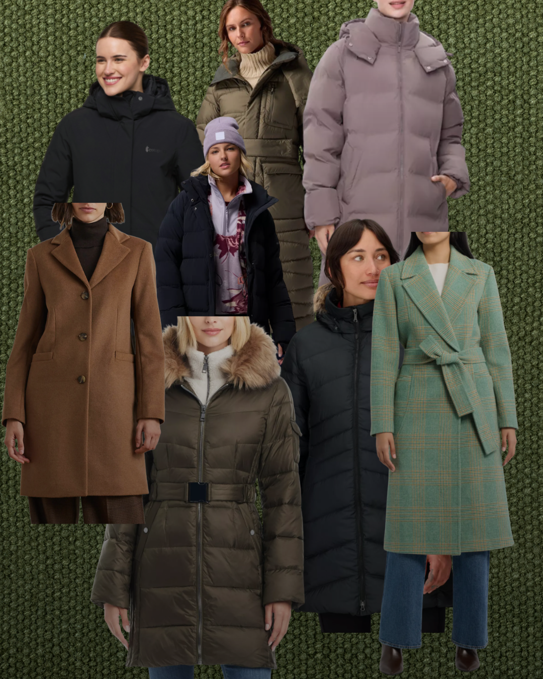 Collage of women’s long puffers, short insulated jackets and tailored wool coats in neutral winter colors