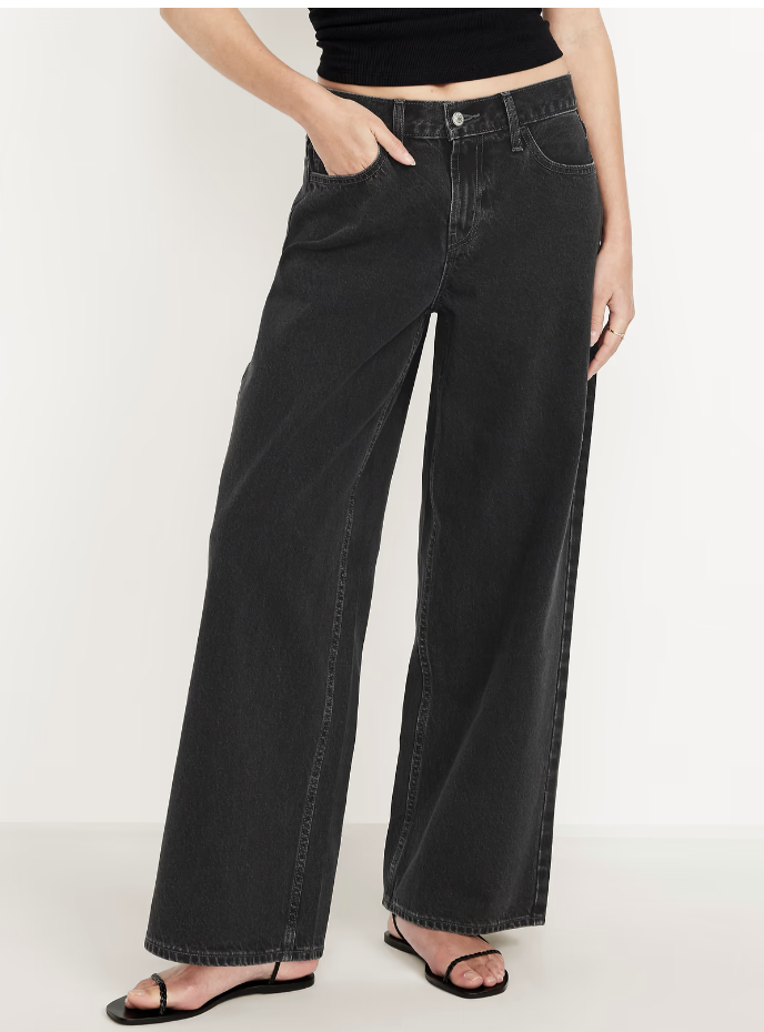 Old Navy Mid-Rise Wow Baggy Wide-Leg Jeans in black, studio product photo, priced at $19.99.