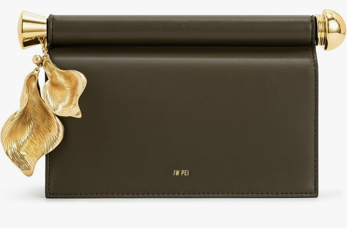 Dark olive JW PEI Holly clutch with a metal pendant embellishment.