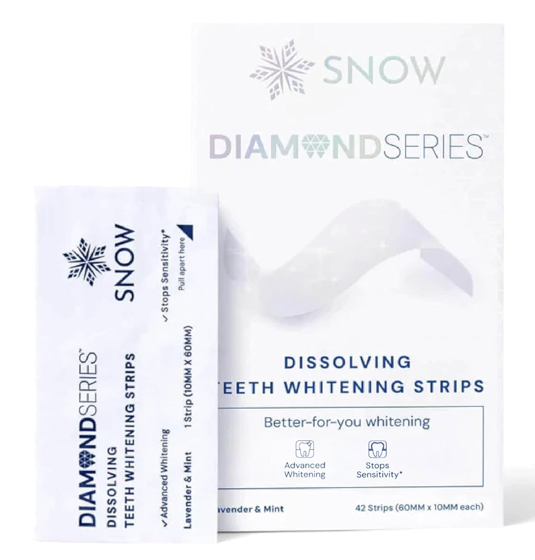 Box and individual packet of Snow Magic Dissolving Teeth Whitening Strips from the Diamond Series, featuring a lavender and mint flavor formula.