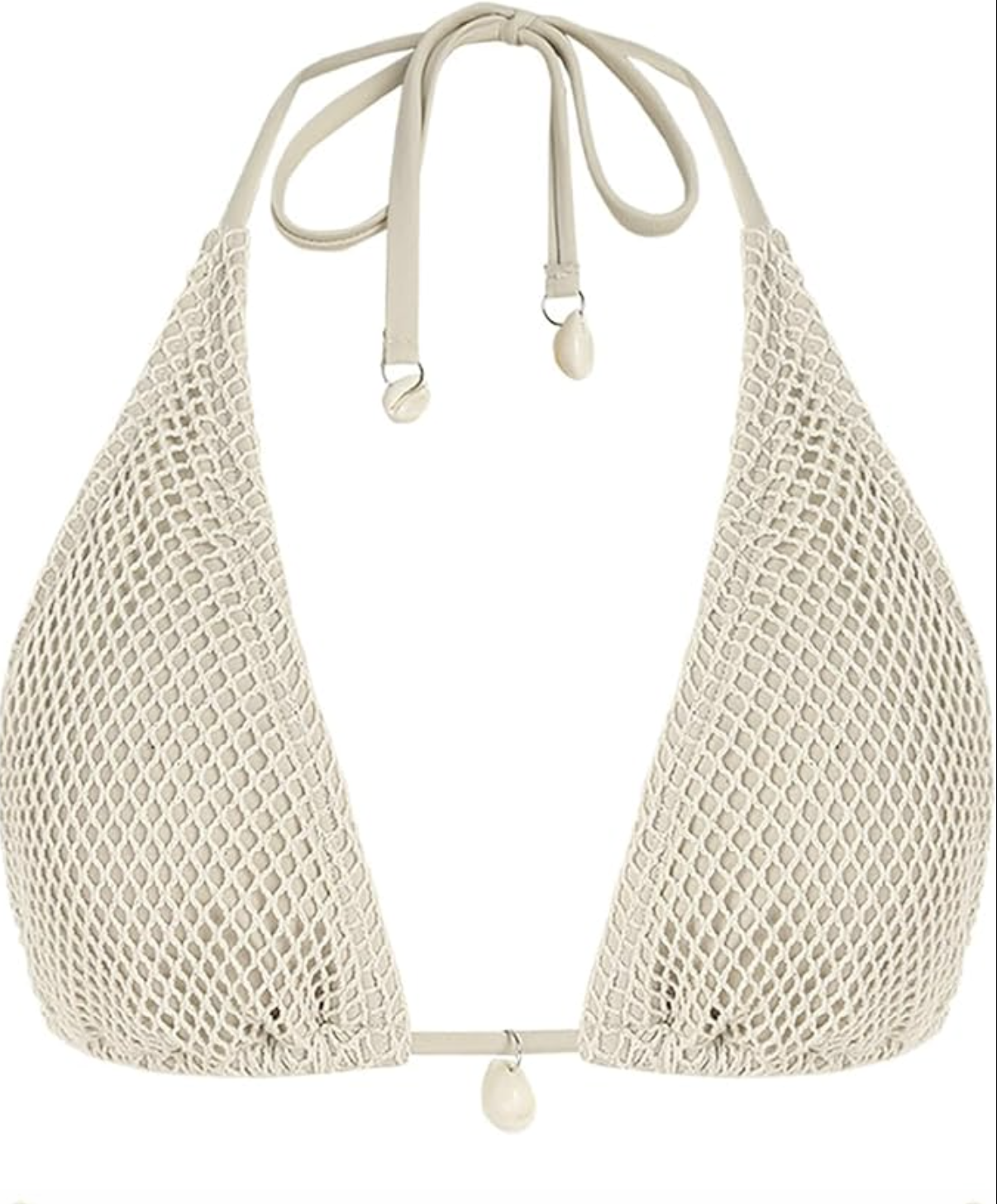 A close-up of a light coffee-colored triangle bikini top featuring a fishnet overlay and a delicate seashell charm at the center of the bust.