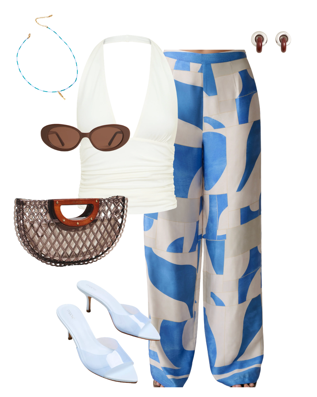 Cabo travel day outfit featuring blue and white abstract print wide-leg linen pants, a white halter neck top, light blue mule heels, a woven mesh handbag, and a beaded necklace.