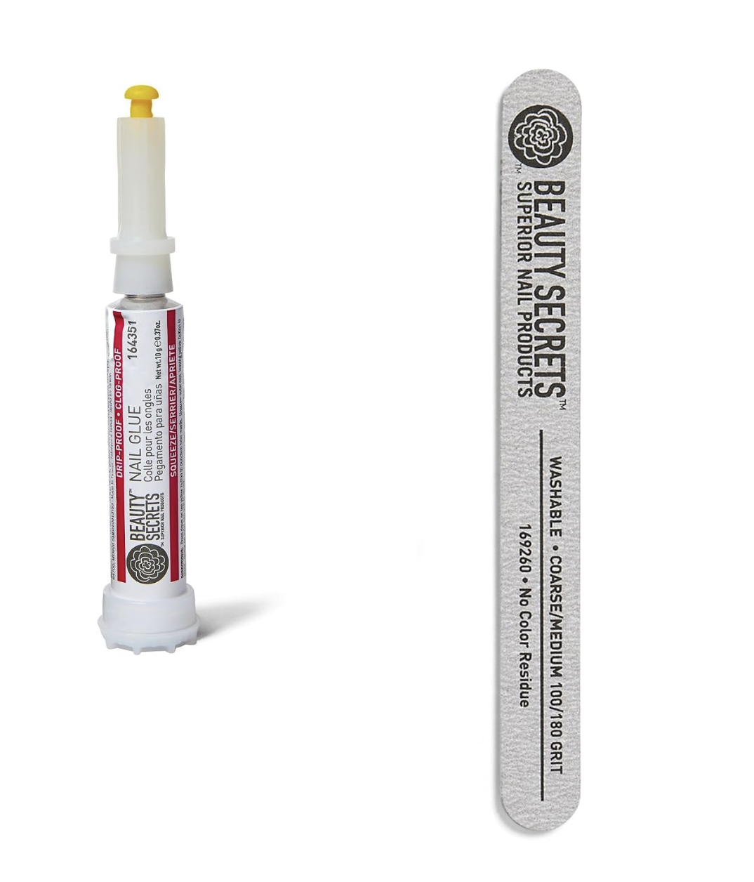 Tube of Beauty Secrets nail glue beside a grey Beauty Secrets coarse and medium nail file.