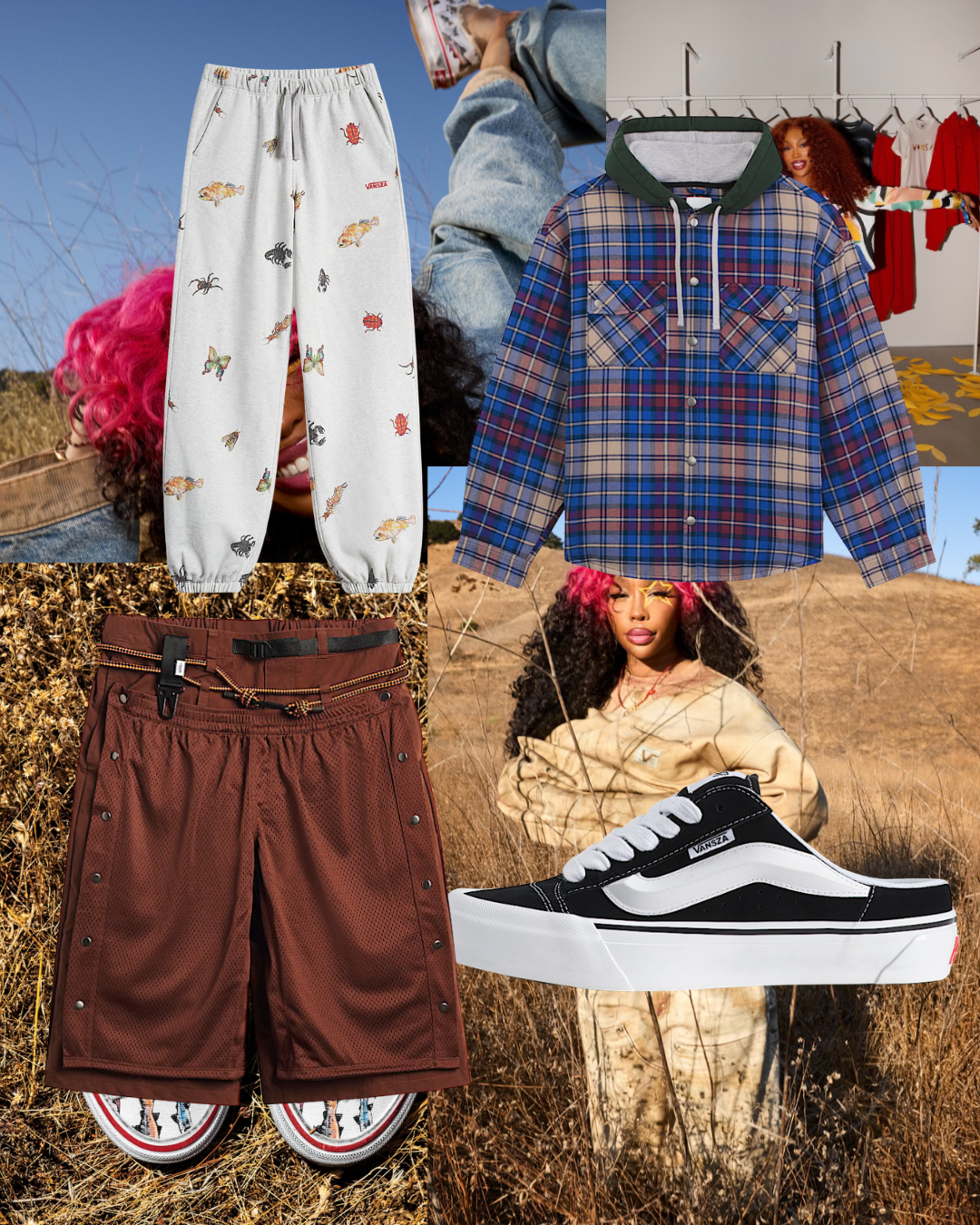 SZA wears clothing and shoes from her VANSZA collection with Vans in a grassy field.