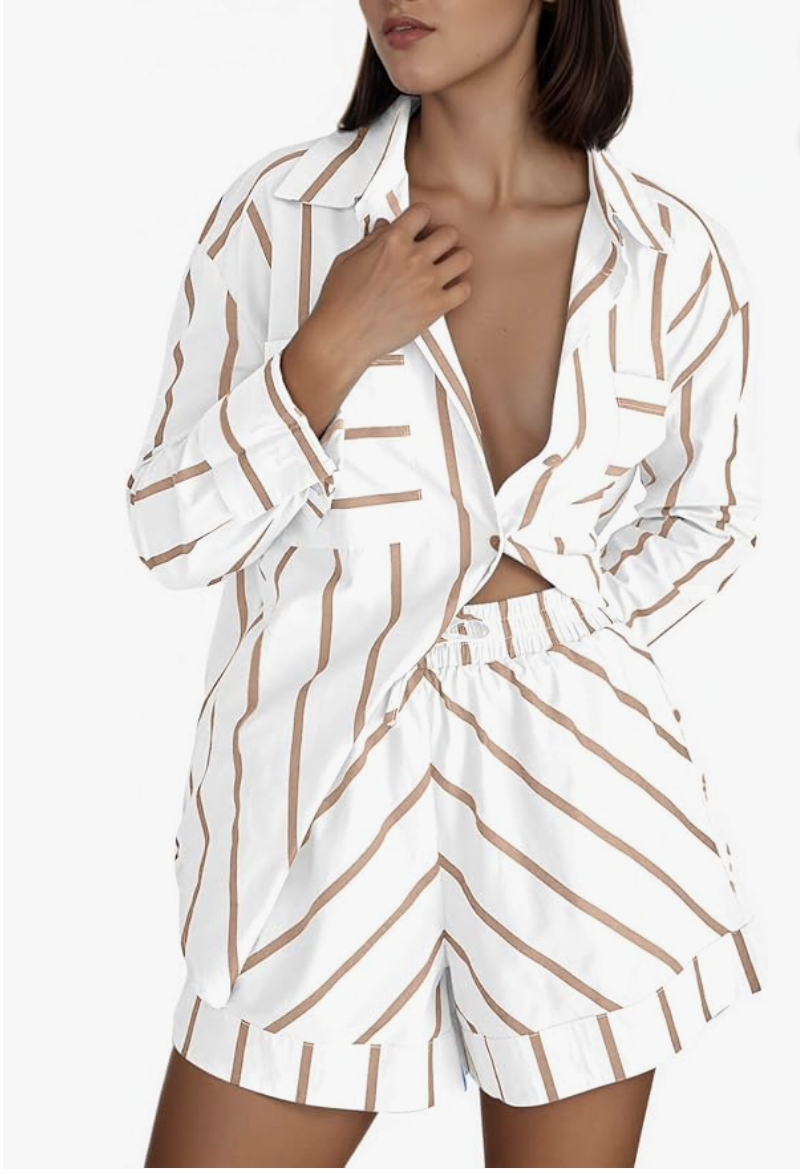 A chic white and khaki striped matching two-piece lounge set featuring a relaxed button-down shirt and comfortable elastic-waist shorts.