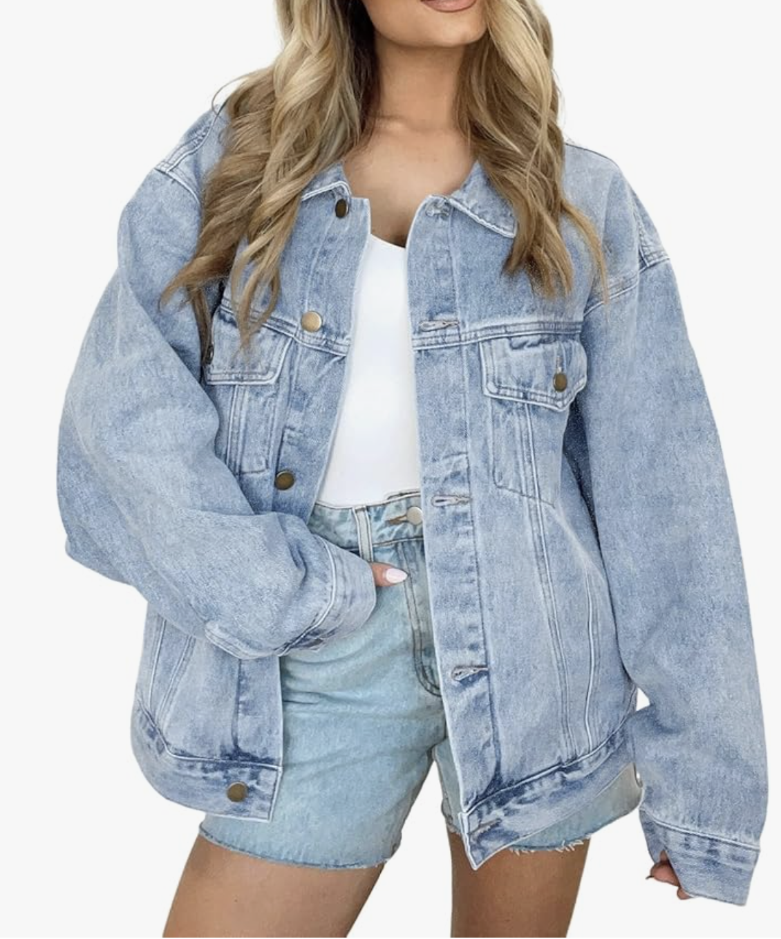 A light wash oversized denim jacket from Amazon, styled as a structured outer layer to frame the waist and camouflage a big belly when wearing a bodysuit.