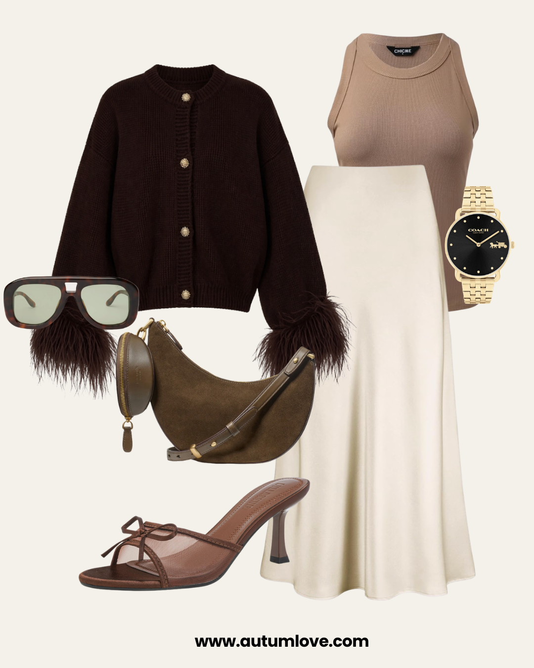 Styling how to wear kitten heels with a brown fur-cuff cardigan, cream midi skirt, and a suede crescent bag for a 2026 spring outfit formula.