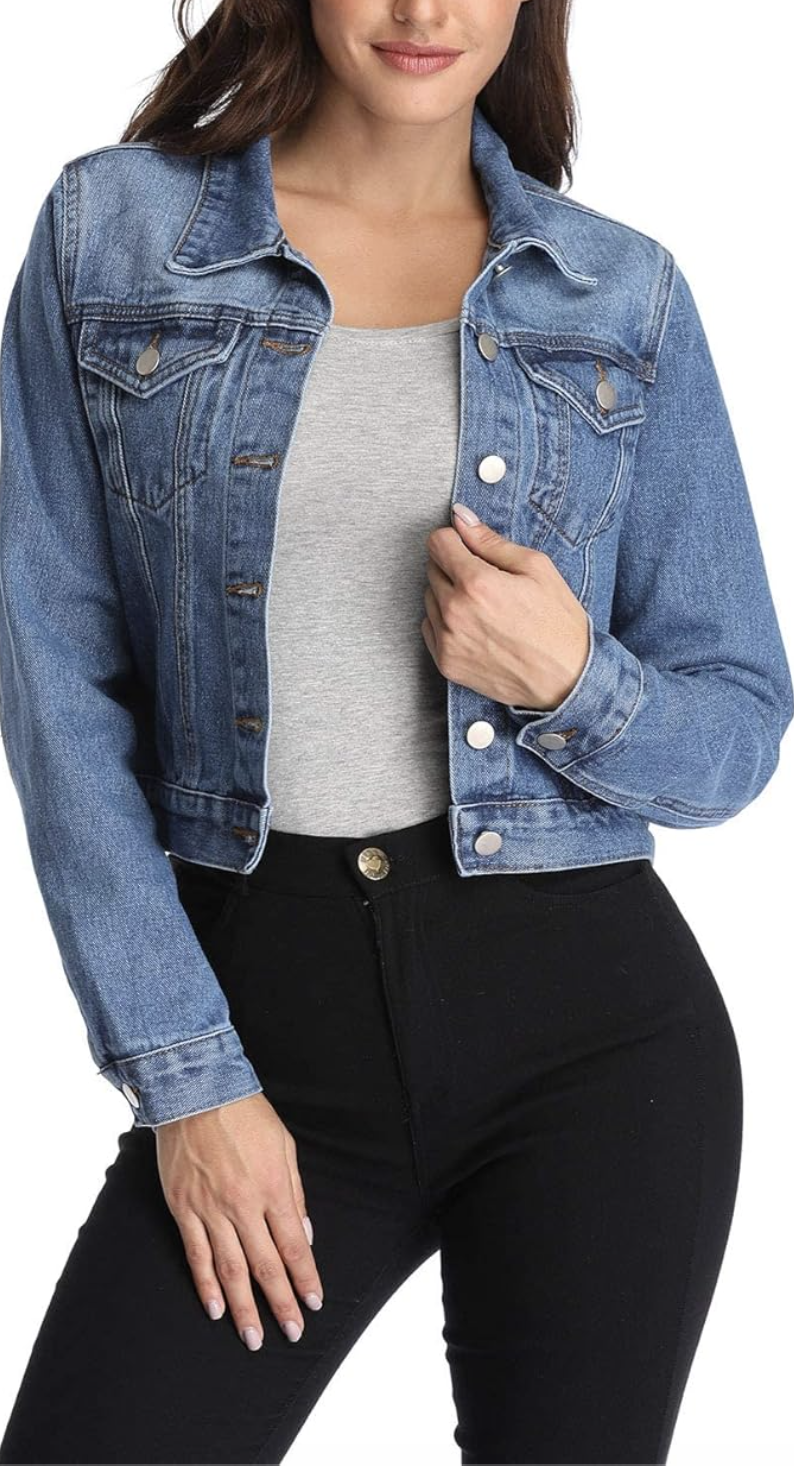 A light wash cropped denim jacket from Amazon, styled to end at the hip bone to define the waist and hide the side profile of a big belly.