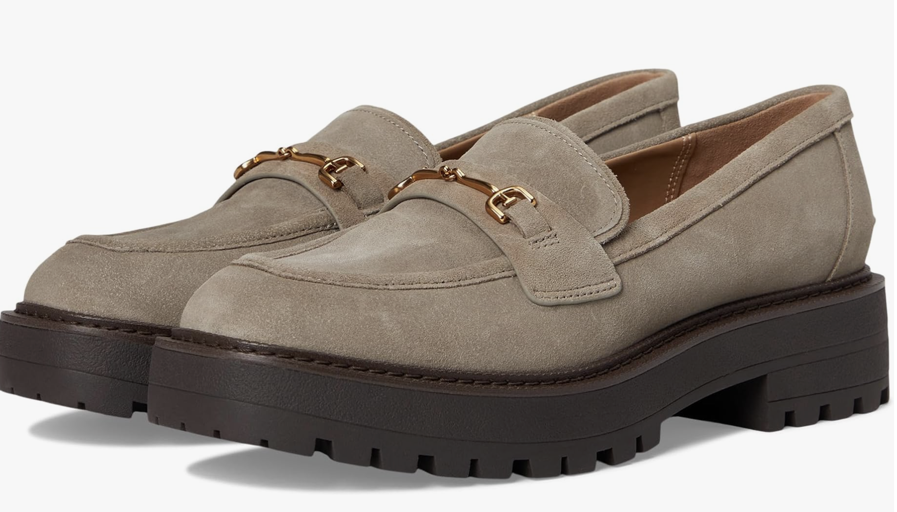 A pair of Sam Edelman Lea Loafers in a greige suede finish, featuring a chunky dark brown lug sole and a gold horsebit detail.