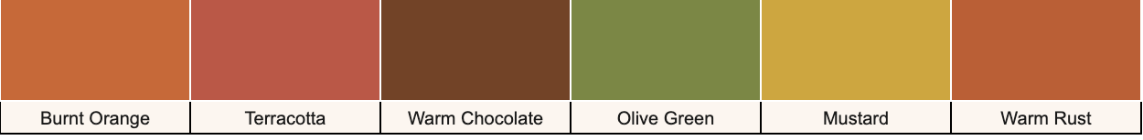 A color palette for the True Autumn season featuring rich, earthy shades of burnt orange, terracotta, warm chocolate brown, olive green, mustard, and warm rust.
