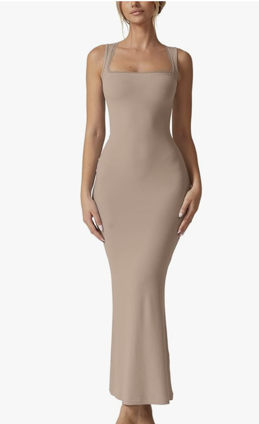 A woman wearing a beige square-neck sleeveless midi slip dress from Amazon, featuring a sleek and minimalist silhouette.