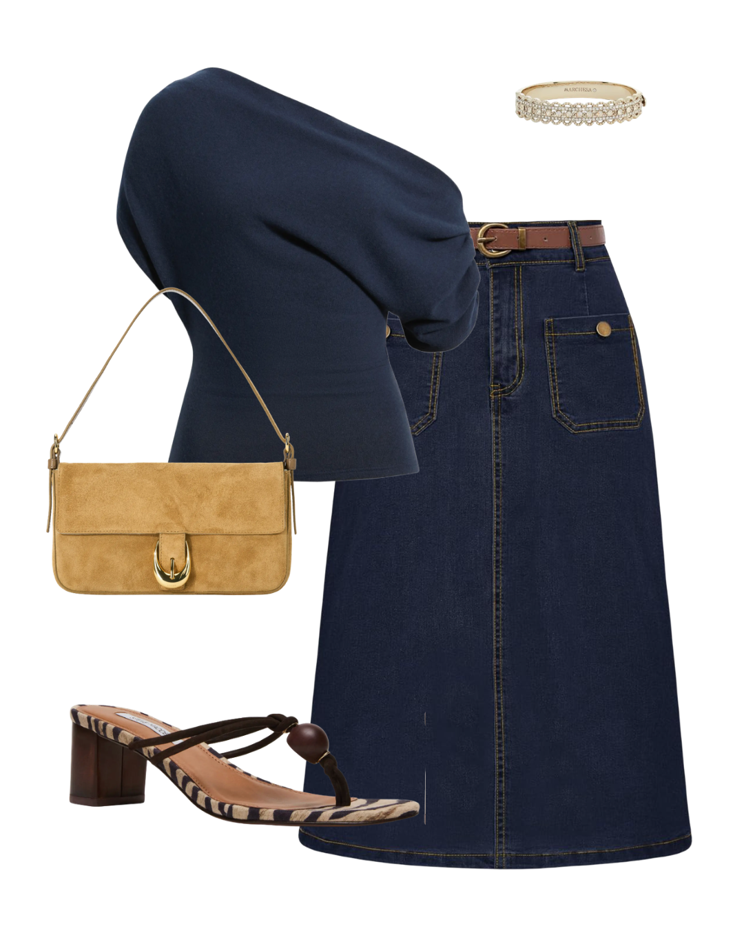 Flat-lay of a chic summer outfit featuring a dark-wash denim midi skirt, a slouchy navy short-sleeve knit top, a tan suede shoulder bag, and zebra-print block-heel sandals.