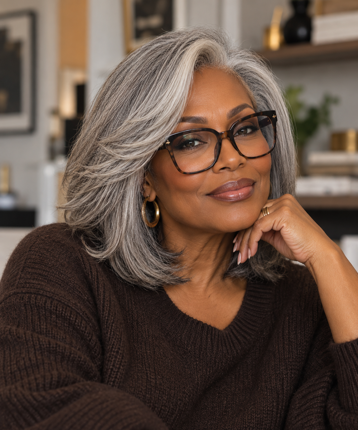 Woman wearing a shoulder-length gray layered lob with side-swept volume and glasses.