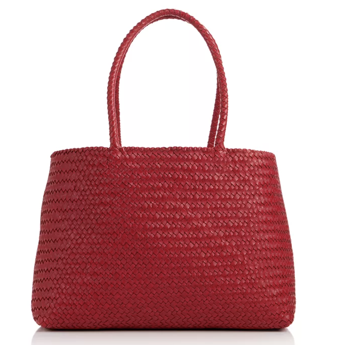 Red and burgundy woven leather Madewell Transport Tote featuring thin leather top handles and a structured rectangular silhouette.