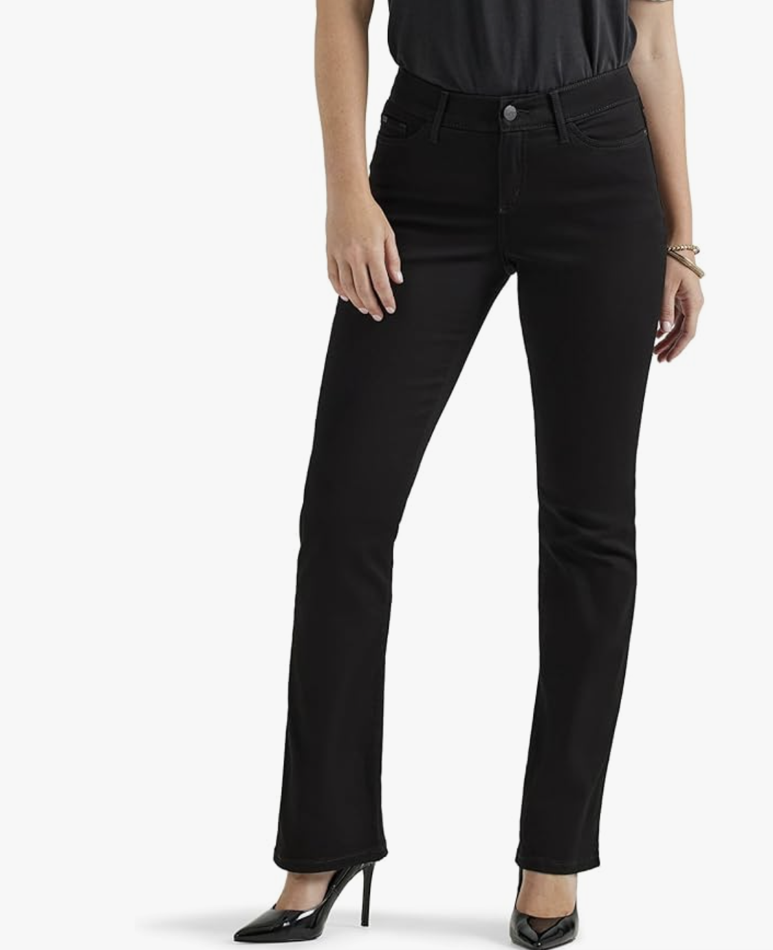 Professional stylist's pick for Lee Ultra Lux Comfort Flex Motion Bootcut Jeans, featuring a non-binding waistband designed to prevent gapping and midsection pinching.
